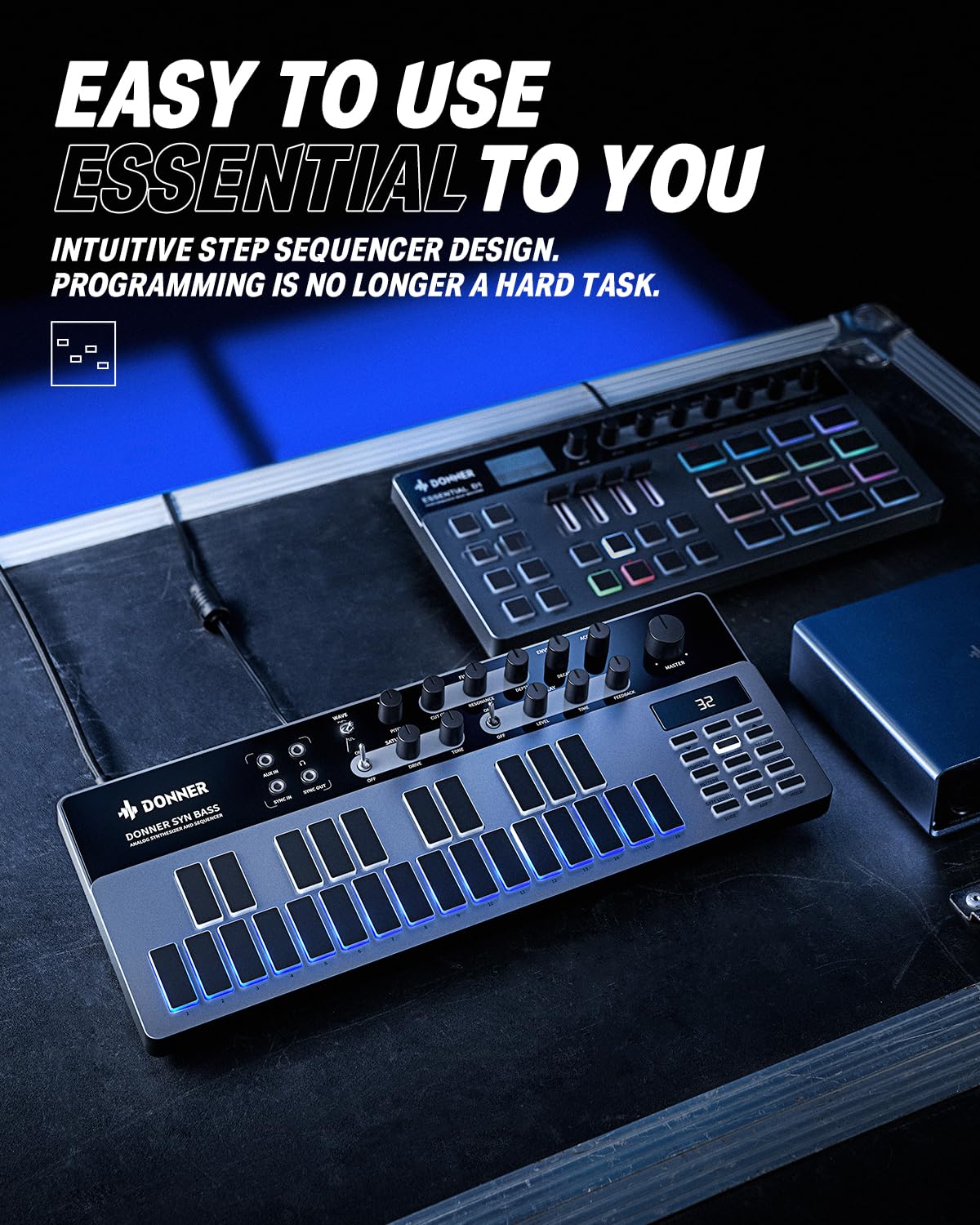 Analog Bass Synthesizer and Sequencer, Donner Essential B1 with Intuitive User Interface, 128 Patterns Memory, Saturation & Dela